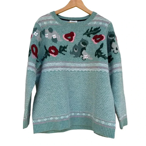Sundance Bold Botanic Floral Knit Embroidered Wool Sweater Jumper Aqua Size L - Picture 1 of 9